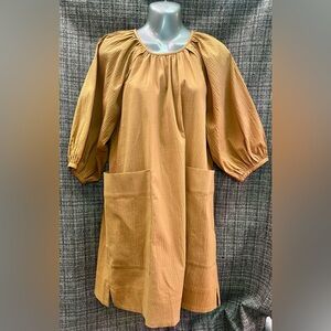 NWT Everlane Tawny Brown Seersucker Puff Sleeve Dress- Womens XS